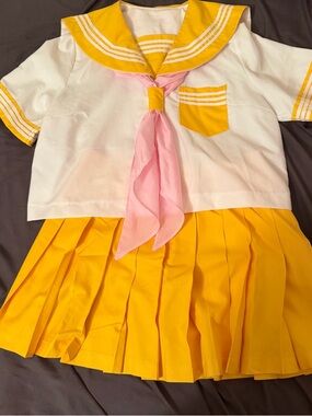 JK Kawaii Yellow & White Sailor Mini Dress with Pink Scarf